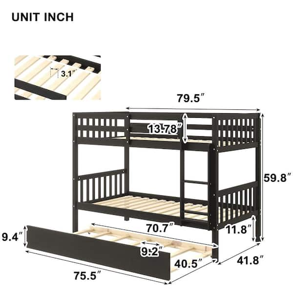 URTR Modern Wooden Gray Twin Over Twin Size Bunk Beds with Trundle