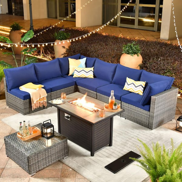 weaxty W Daffodil A Gray 8-Piece Wicker Patio Rectangular Fire Pit ...