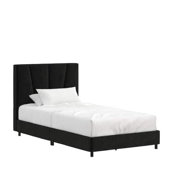 REALROOMS Maverick Black Wooden Fram Twin Size Platform Bed with Upholstered Black Velvet Headboard