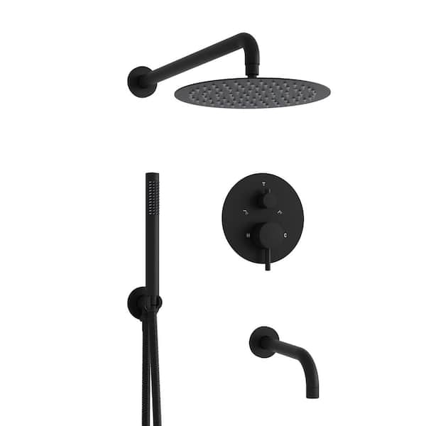 2 Handle 2-Spray Tub and Shower Faucet 2.5 GPM in Matte Black with 10 in. Rain Shower Head, Pressure Balance