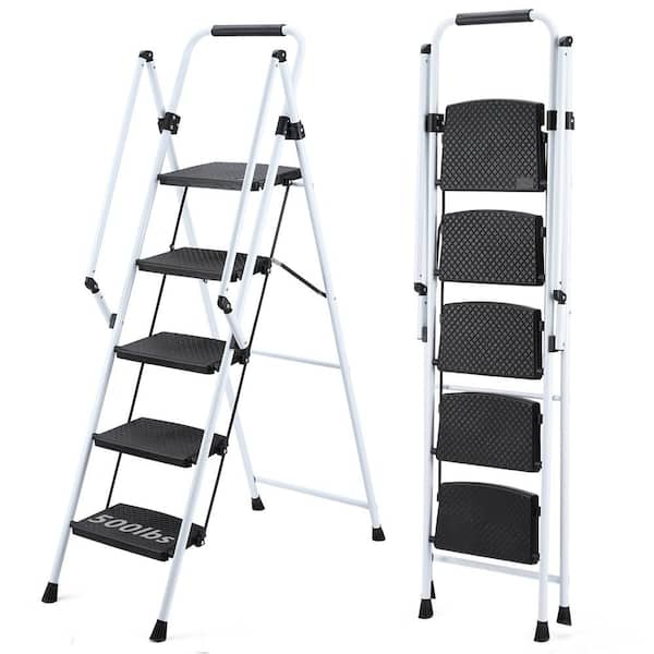 Reach 8 ft. White 5-Step Strong Steel Ladder 5.3 ft. Wide Anti-Skid Pedal and Safety Handle