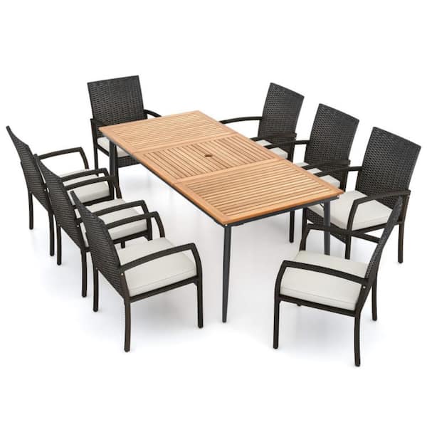 9-Piece Rattan Wicker Metal Frame Outdoor Dining Set with Umbrella Hole Acacia Wood Tabletop and Off White Cushions