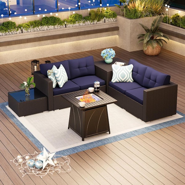 Black Rattan Wicker 4 Seat 5-Piece Steel Outdoor Fire Pit Patio Set with Blue Cushions and Square Fire Pit Table
