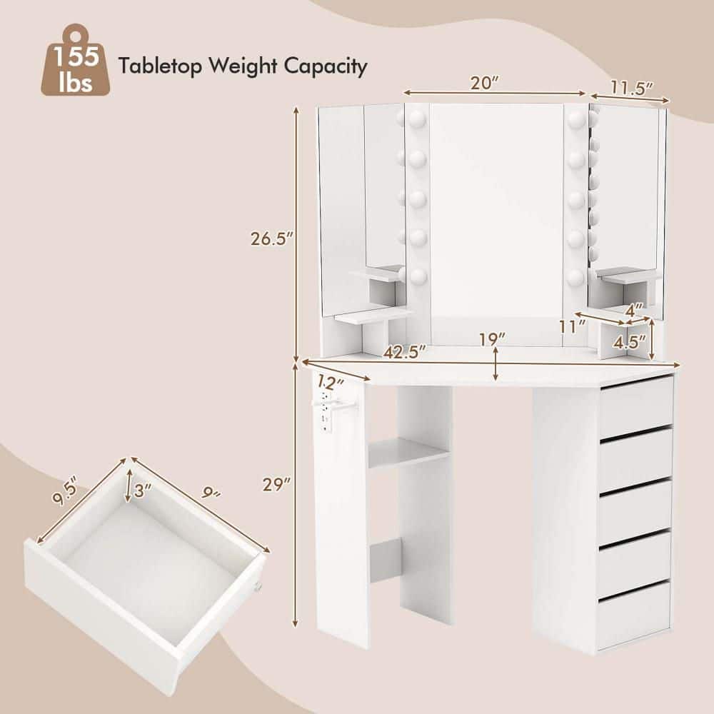 1-Piece White Corner Makeup Vanity Desk Cosmetic Vanity Station with LED Mirror and Power Outlets - thumbnail 4