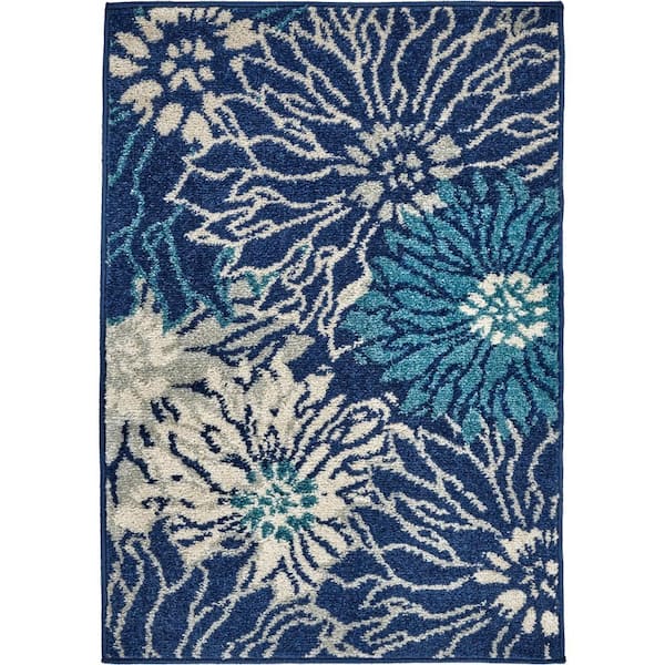 Nourison Passion Navy/Ivory doormat 2 ft. x 3 ft. Floral Contemporary Kitchen Area Rug