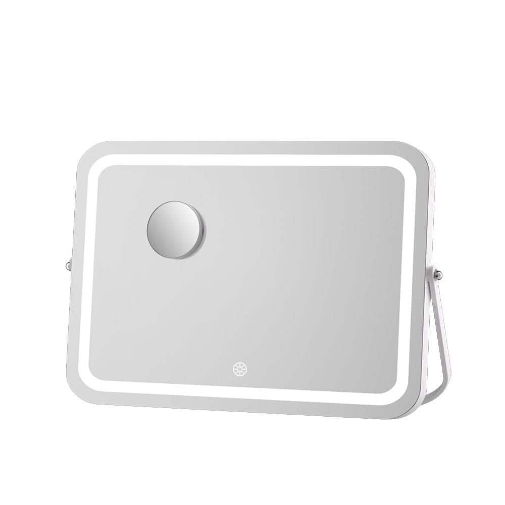 White 18 in W x 14 in. H Rounded Rectangle Framed LED Makeup Mirror with Bl