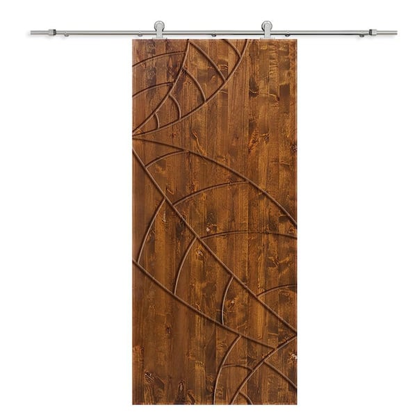 CALHOME 32 in. x 84 in. Walnut Stained Pine Wood Modern Interior Sliding Barn Door with Hardware Kit