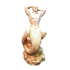 16 in. H Antique White Sexy Merman Mermaid Sitting on Rock Nautical Beach Statue