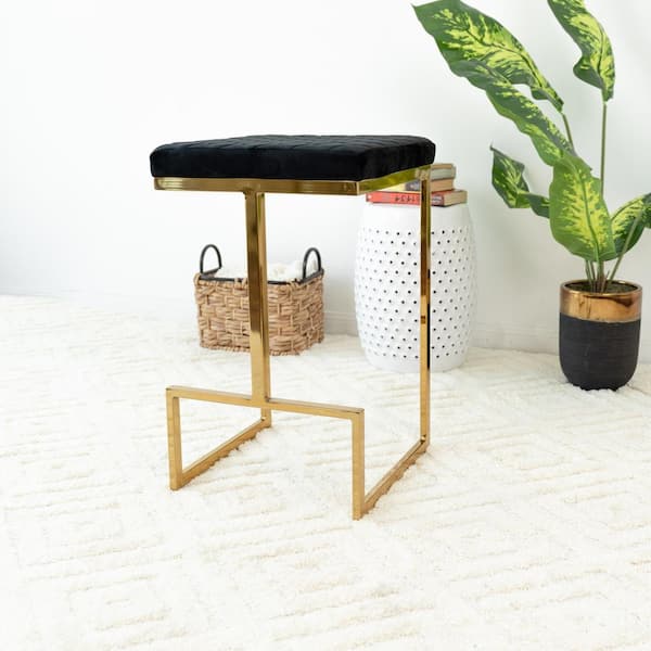 Filomena 25.5 in. Height Square Top Metal Frame Black Velvet Backless Counter Stool