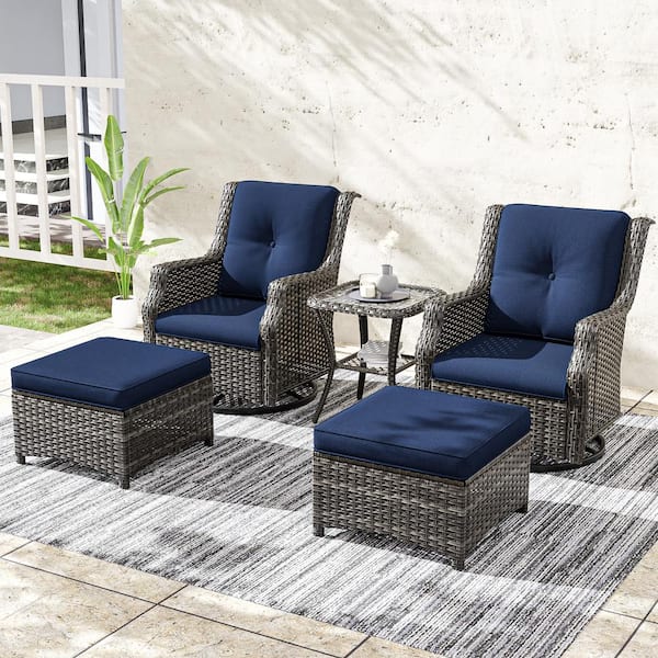 JOYSIDE 5 Piece Wicker Outdoor Patio Conversation Set with Swivel Rocking Chair Side table Ottomans and Blue Cushions 2M72M73M74 DPB The Home Depot