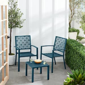 Peacock Blue 3-Piece Metal Outdoor Patio Conversation Set with 2 Stackable Chairs and Table