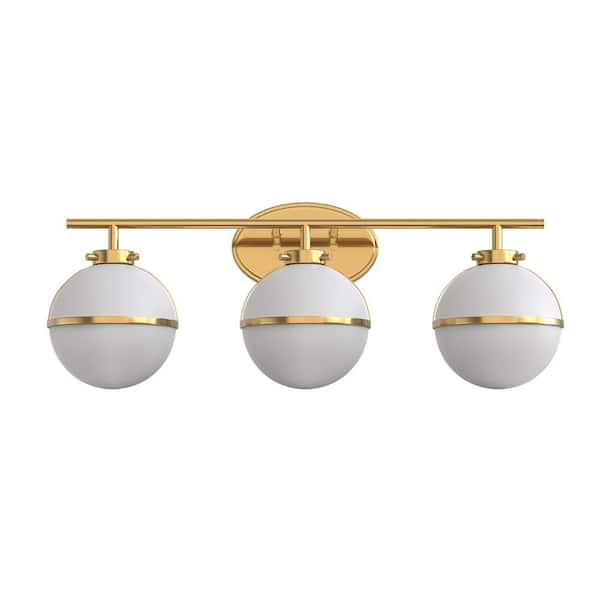 24 in. Modern 3-Light Bathroom Brass Vanity Light with White Globe Shade for Vanity Powder Room Dressing Room