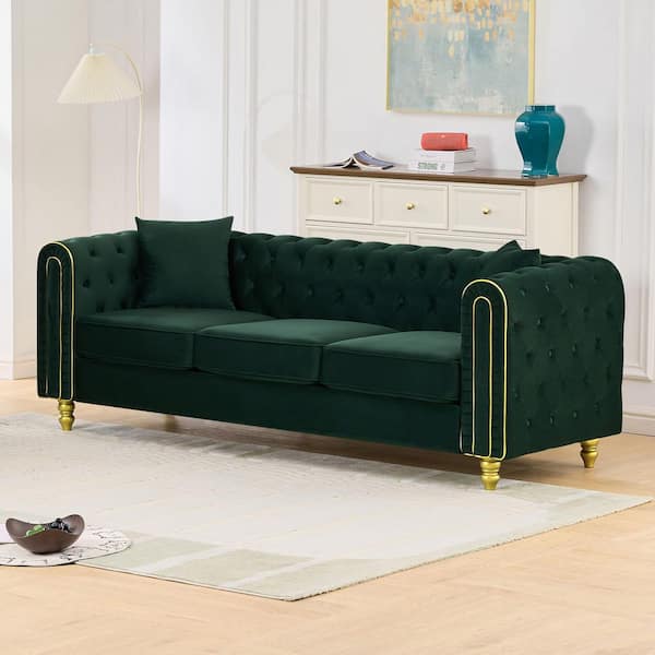 Warwick 86 in. Rolled Arms Velvet Rectangle Tufted Loveseat Sectional Sofa in Green with Gold Legs