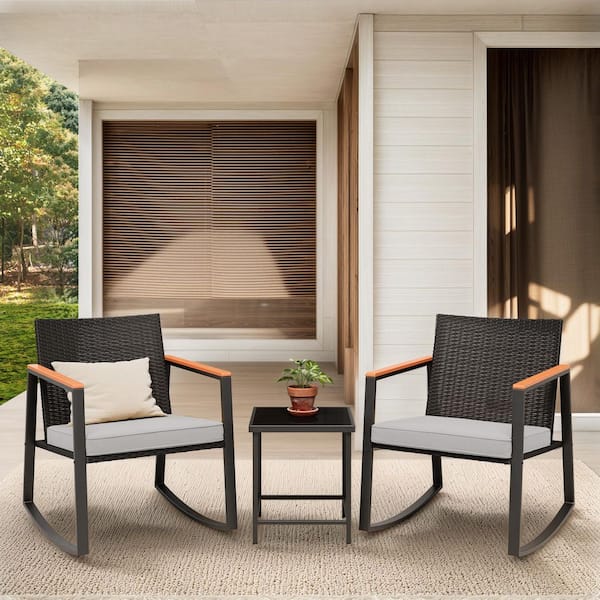 3-Piece Outdoor Patio Furniture Set, Beige Rattan Rocking Chairs with Heat-Resistant Armrests and Cushions, for Garden