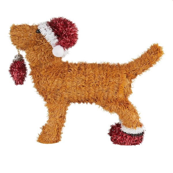 Home Accents Holiday 12 in. Christmas 3D Table Top Brown Dog with Santa Hat, Red Shoes and ornament