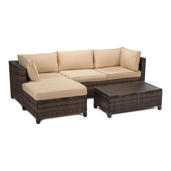 3-Piece Wicker Patio Sectional Seating Set with Beige Cushions