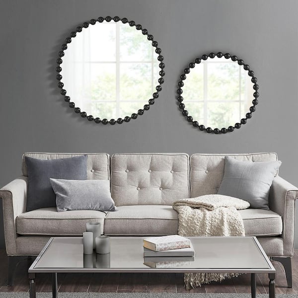 Unbranded Contemporary 27 in. W. x 27 in. H Round Meatal Framed Finished with Matte Black Foil, Black Beaded Wall Mirror