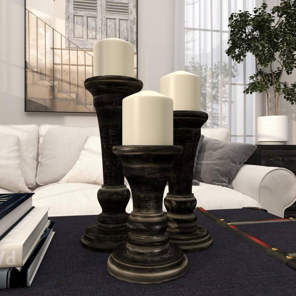 Black Mango Wood Ridge Embellished Candle Holders, Set of 3