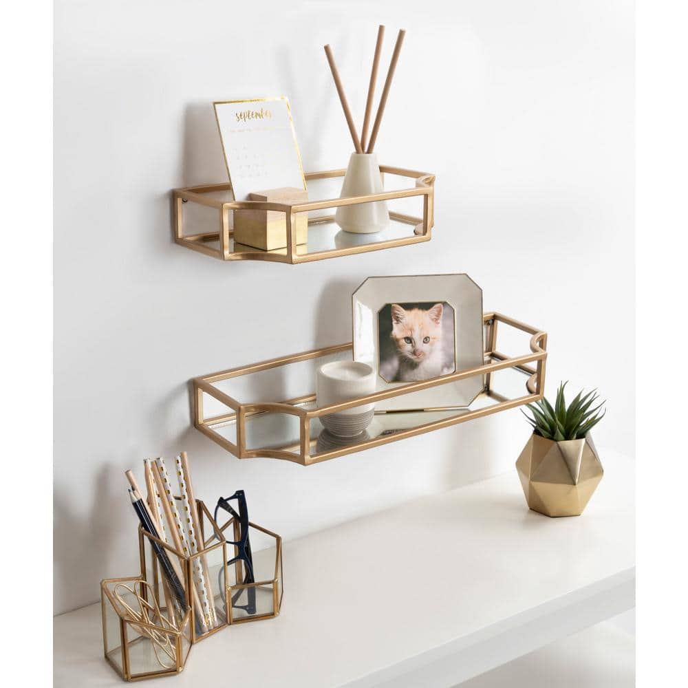 Elegant Gold Metal Geometric Wall Shelf Set, 2 Pieces
