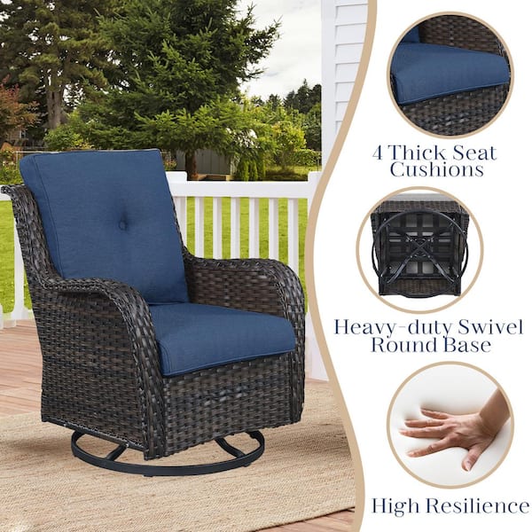 Brown 3-Piece Wicker Patio Conversation Deep Seating Set with Blue Cushions All-Weather Swivel Rocking Chairs