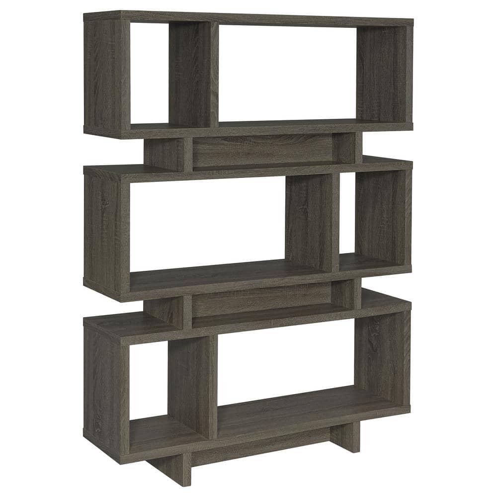 Transitional Weathered Gray Wood Bookcase with Artful Cubes