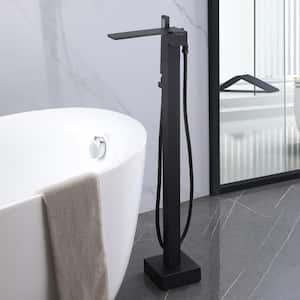 Single-Handle Floor Mount Waterfall Freestanding Tub Faucet with Hand Shower in Matte Black