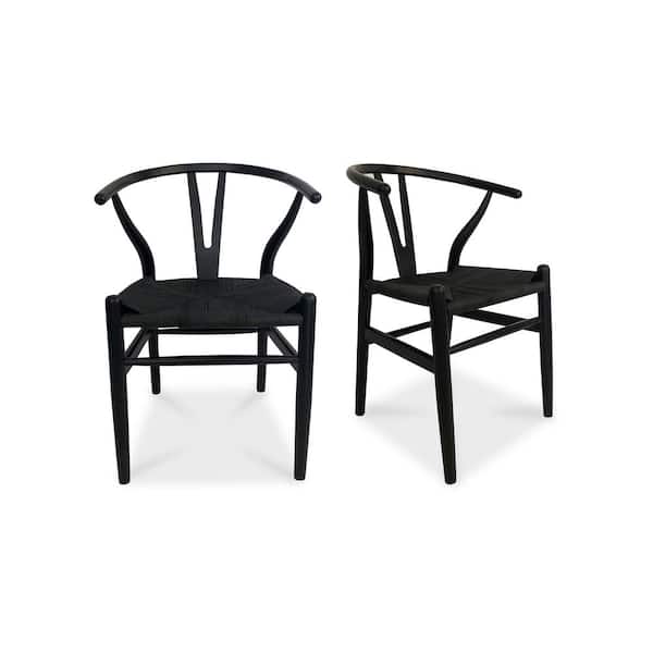 NADAAL STUDIOS Hayden, Dining Chairs with Solid Elm Frame and Woven Fibre Seat, Black - Set of Two