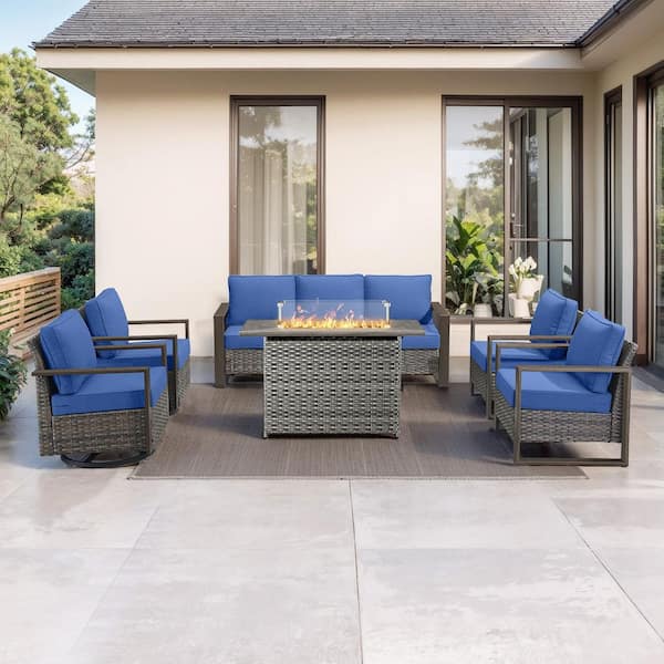 Funky 6-Piece Gray Wicker Patio Fire Pit Conversation Seating Set with Swivel Rocking Lounge Chairs with Blue Cushions