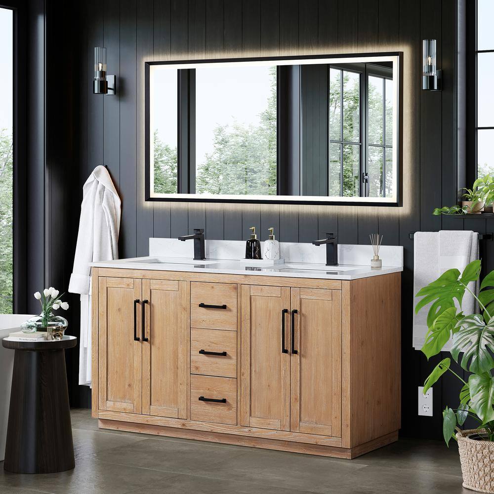 Cicero 60" Light Brown Fir Wood Vanity with White Stone Top and Mirror