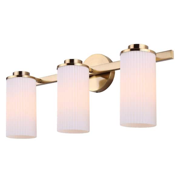 CANARM Kinslea 23 in. 3-Light Gold Vanity with White Ribbed Glass Shade