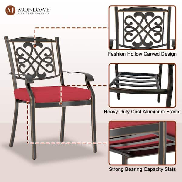 Cast Aluminum Outdoor Dining Chair with Flower-Shaped Backrest Patio Side Chair with Red Cushions (Set-4)