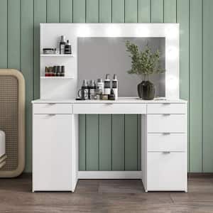 Olivia White 6 Drawer Makeup Vanity with Lighted Mirror, Storage Cabinet and Open Shelves