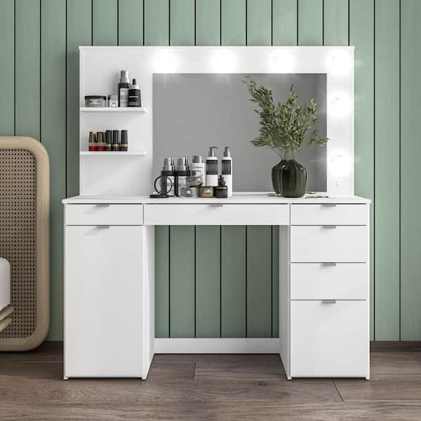 Polifurniture Olivia White Melamine Finish Makeup Vanity with Drawers and Lighted Mirror