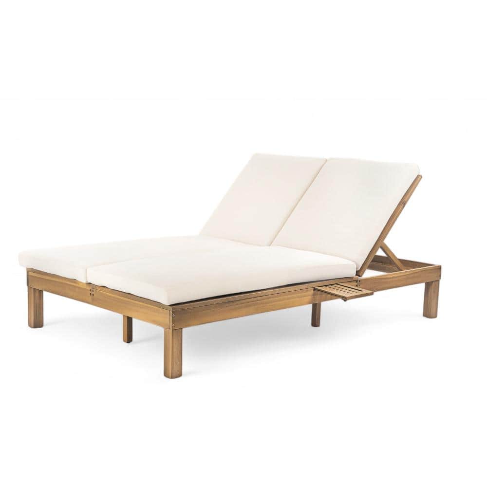 Light Teak Acacia Wood 5-Position Adjustable Backrest Double Outdoor Lounge Chair with Beige Cushion&Folding Side Trays price history on PriceWatchPro