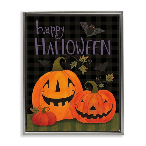 Stupell Industries Pumpkins and Bat on Plaid by Bernadette Deming 1-Piece Floater Frame Graphic Print Typography Art Print 21 in. x 17 in.