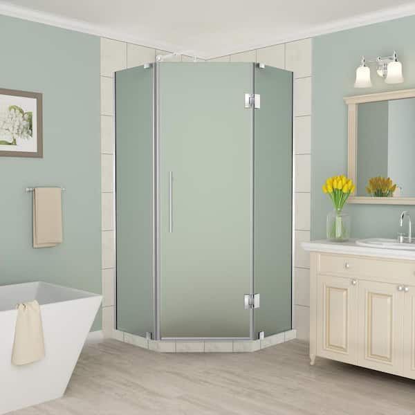 Aston Merrick 38 in. to 38.5 in. x 72 in. Frameless Hinged Neo-Angle Shower Enclosure with Frosted Glass in Stainless Steel