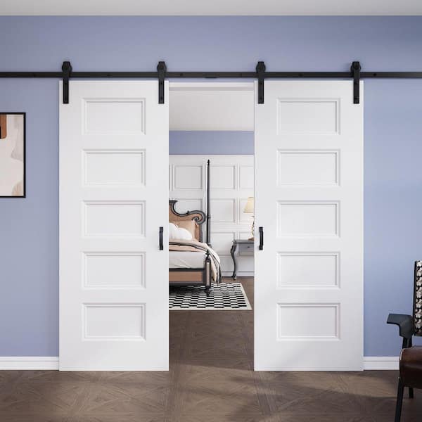 60 in. x 80 in. 5 Panel White Primed Hollow Core MDF Sliding Barn Door with Hardware Kit Handle Included
