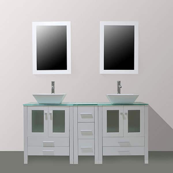 Wonline 60.6 in. D x 21.3 in. W x 29.5 in.H Double Sink White Bathroom Vanity Big Storage Bathroom Vanity Green Glass Top Mirror