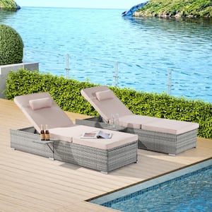 2-Piece Wicker Outdoor Chaise Lounge Chairs Set Adjustable Patio Lounger Reclining Chairs with Khaki Cushions