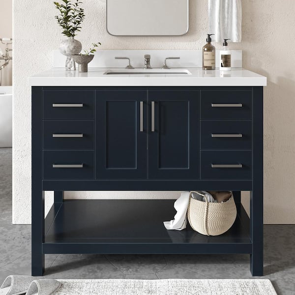 ARIEL Magnolia 43 in. W x 22 in. D x 36 in. H Bath Vanity in Midnight Blue with White Pure Quartz Vanity Top with White Basin