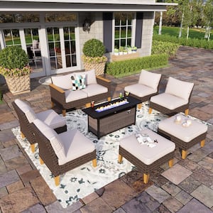 Brown Rattan Wicker 8 Seat 9-Piece Steel Outdoor Patio Conversation Set with Beige Cushions,Rectangular Fire Pit Table