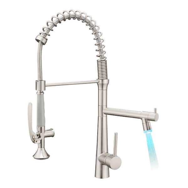 PERLIRIA INC Single Handle Pre-Rinse Commercial Pull Down Sprayer Kitchen Faucet with Power Clean and LED Light in Brushed Nickel