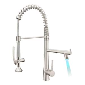Single Handle Pre-Rinse Commercial Pull Down Sprayer Kitchen Faucet with Power Clean and LED Light in Brushed Nickel