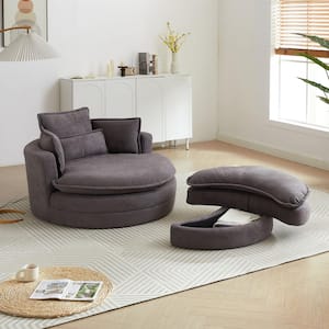 52 in. 2 Piece Swivel Accent Barrel Modern Grey Chenille Sofa Lounge Living Room Set with Storage Ottoman with Pillows