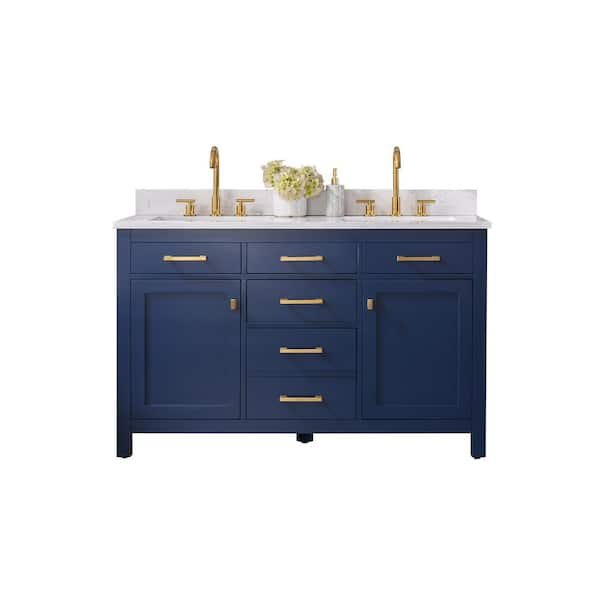 Jasper 54 in. W x 22 in. D Bath Vanity in Navy Blue with Engineered Stone Vanity Top in Carrara White with White Sinks