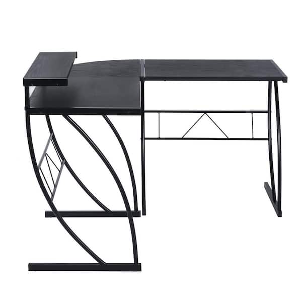 Sumyeg Jet Black 46 5 In Wooden L Shaped Computer Desk Corner Workstation Study Gaming Table Home Office With Shelf Ovic Small Black Wood The Home Depot