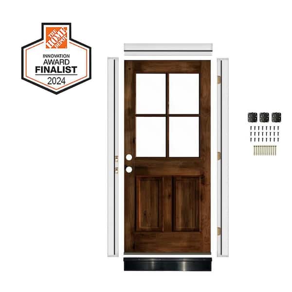 36 in. x 80 in. Right-Hand 4 Lite Clear Glass Provincial Stain Alder Wood Front Door Kit w/ Quick Assemble Jamb