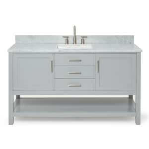 Bayhill 61 in. W x 22 in. D x 35.25 in. H Freestanding Bath Vanity in Grey with Carrara White Marble Top