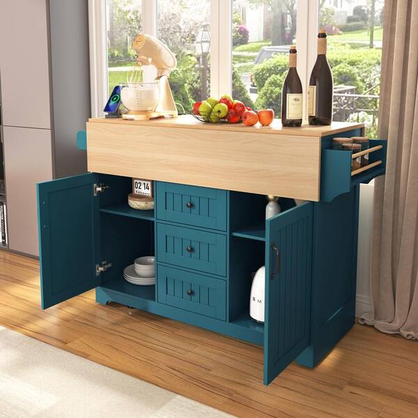 New Green Wood 55.7 in. Kitchen Island with Pull Out Cabinet