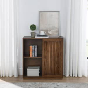 Mid Century Sideboard with 2-Sliding Door and Solid Wood Decorative Strips, Storage Cabinet in Walnut